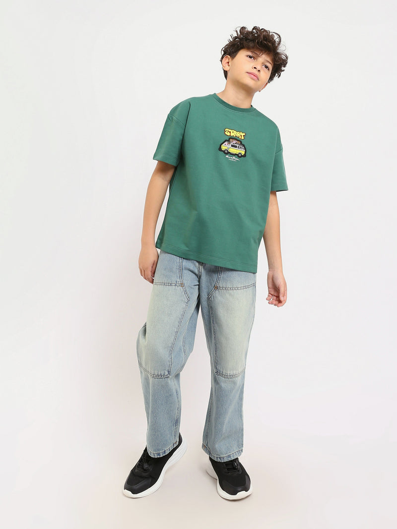 T-shirt Garçon Vert "Start" – Style Décontracté avec Broderie Voiture - TSH25SPRO20445TB1