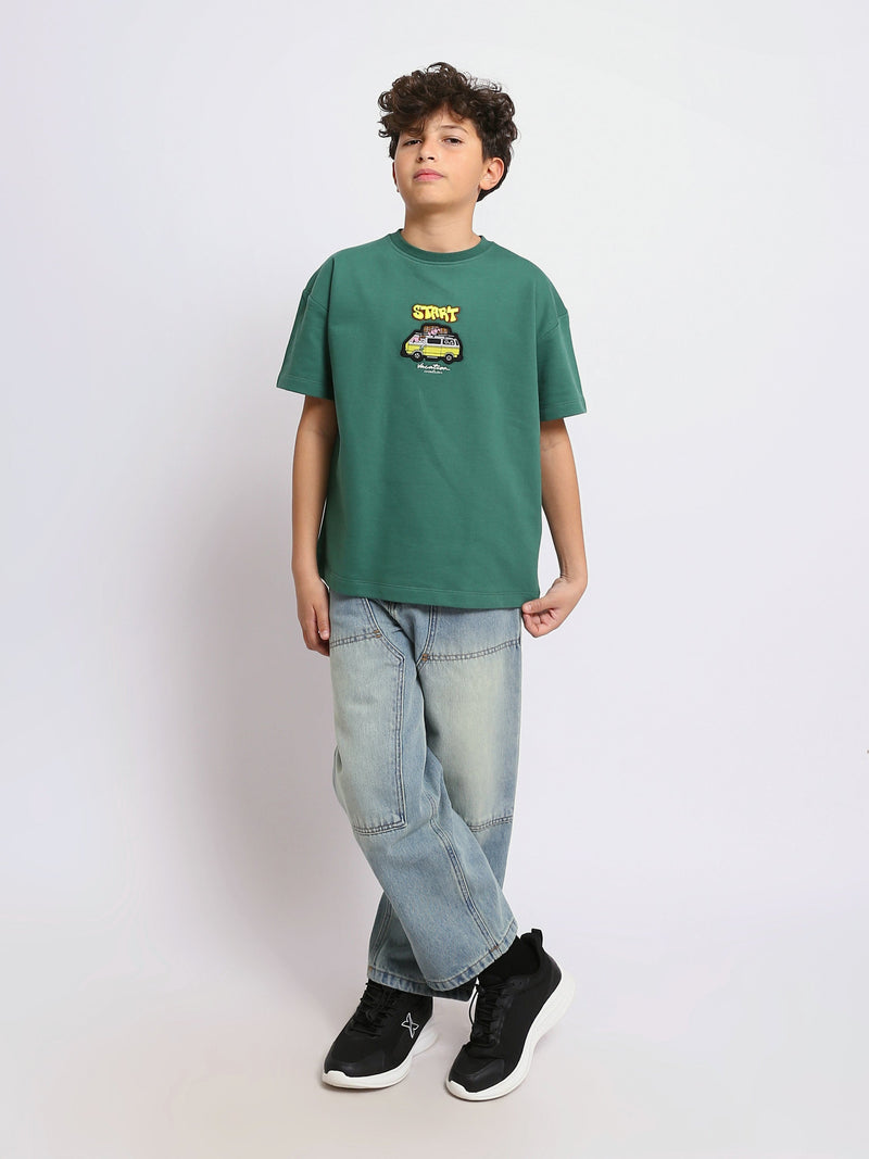 T-shirt Garçon Vert "Start" – Style Décontracté avec Broderie Voiture - TSH25SPRO20445TB1
