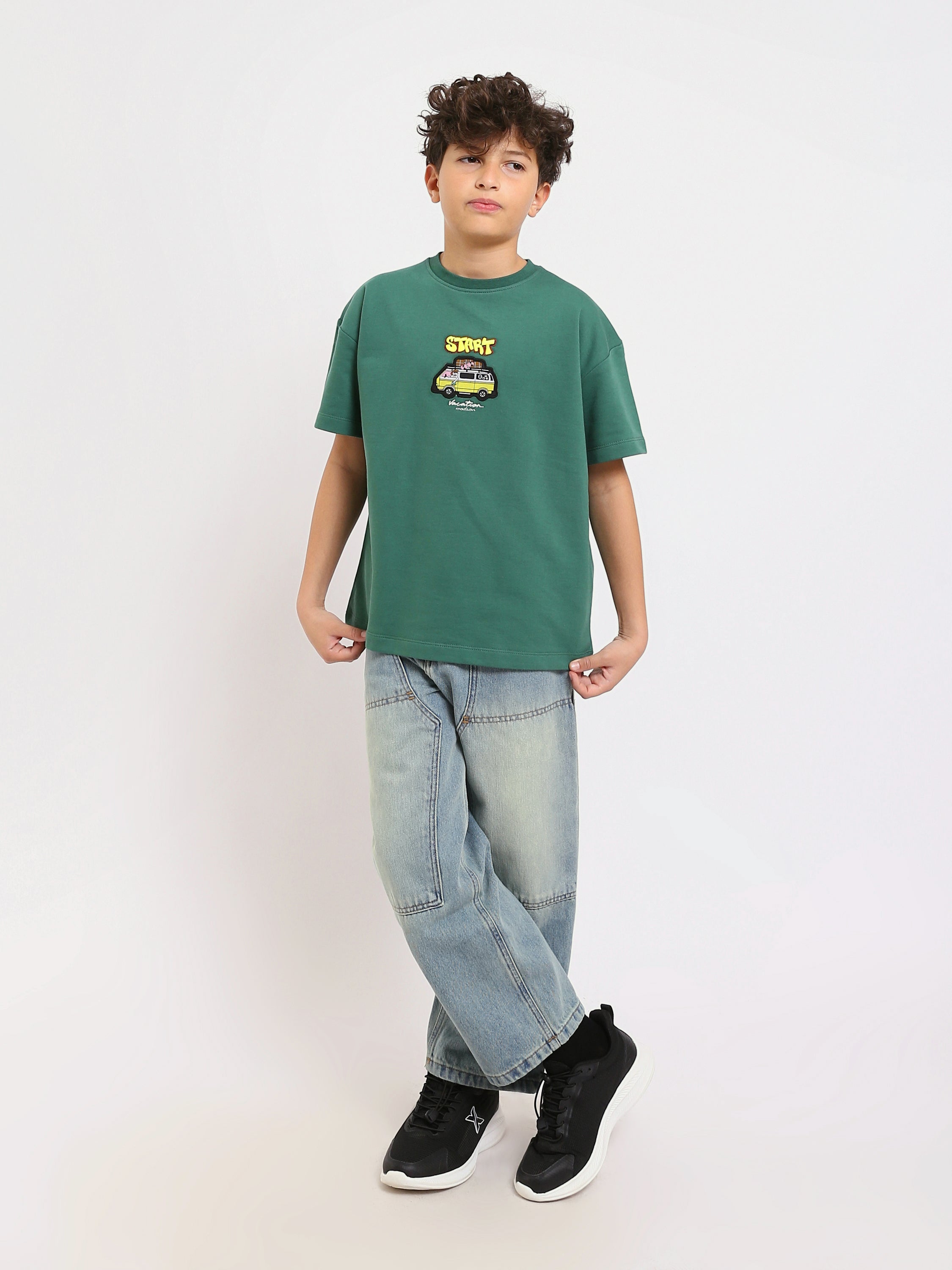 T-shirt Garçon Vert "Start" – Style Décontracté avec Broderie Voiture - TSH25SPRO20445TB1