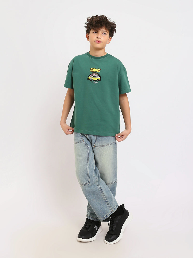 T-shirt Garçon Vert "Start" – Style Décontracté avec Broderie Voiture - TSH25SPRO20445TB1