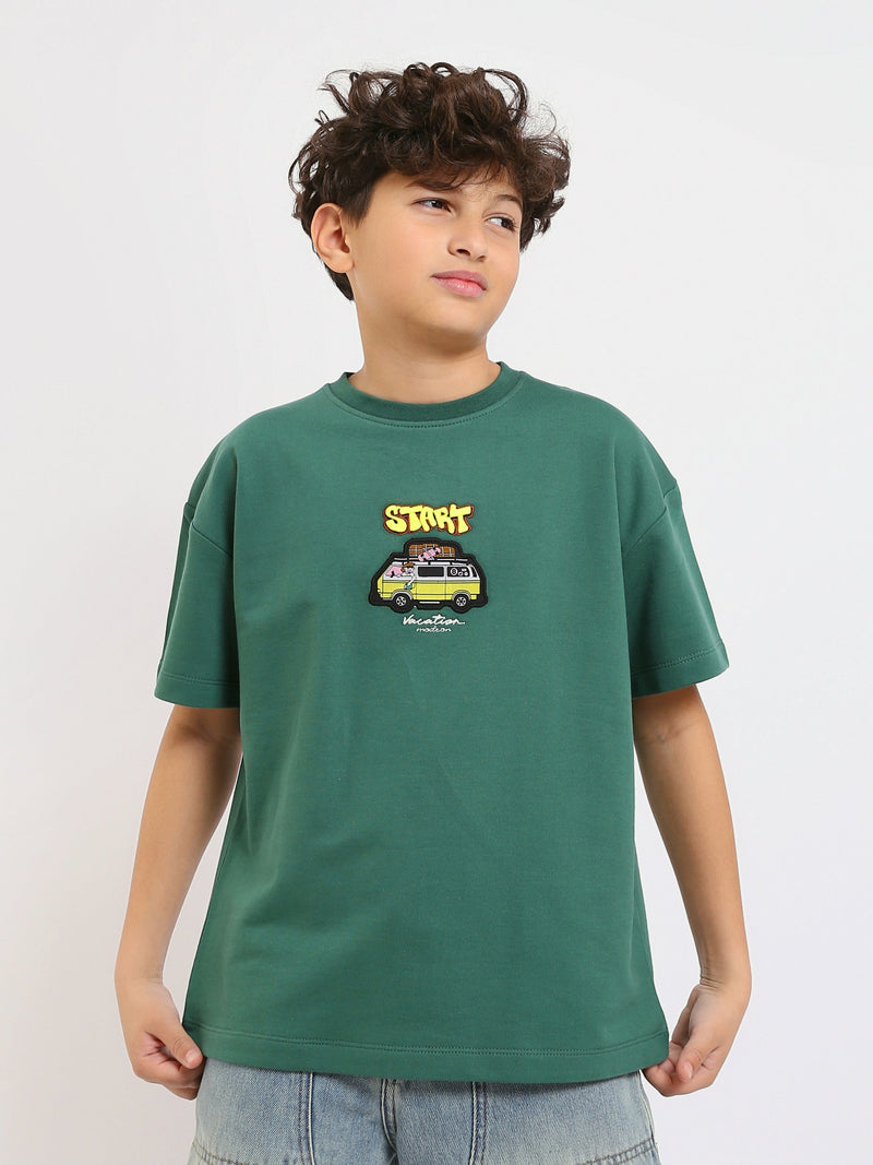 T-shirt Garçon Vert "Start" – Style Décontracté avec Broderie Voiture - TSH25SPRO20445TB1