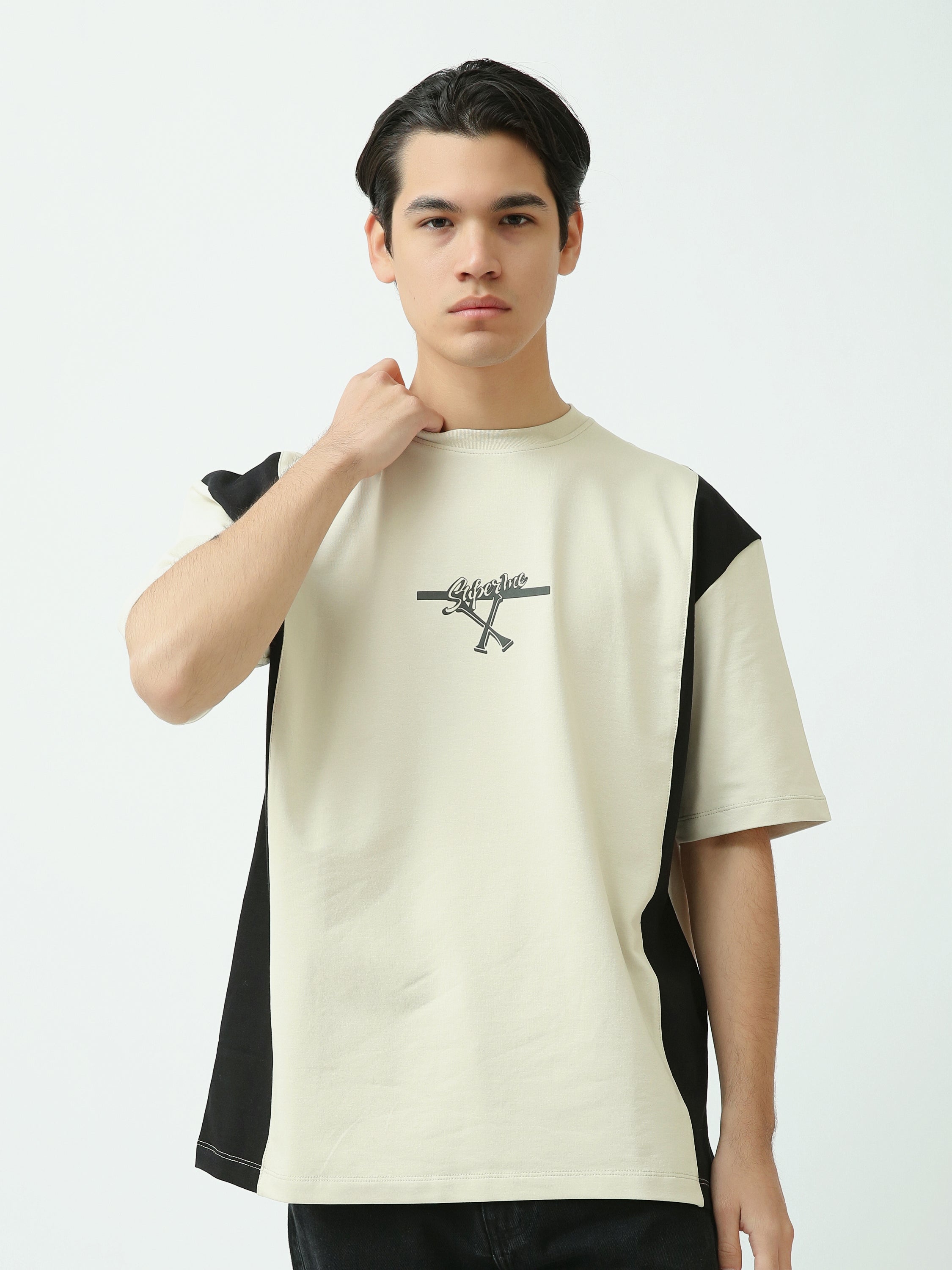 T-shirt Homme Oversize Bicolore à Imprimé Graphique - TSH25SPRO20511TM1