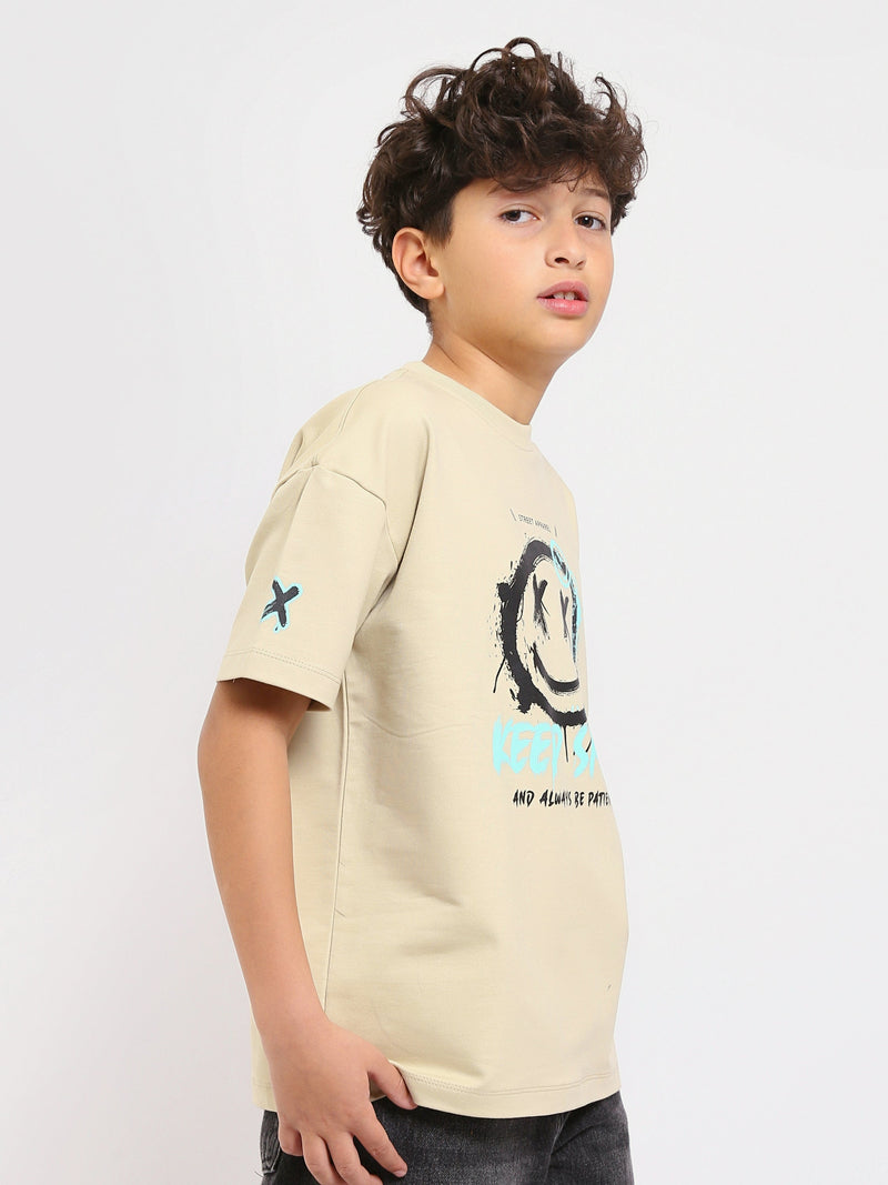 T-shirt Garçon Beige à Imprimé "Keep Smile" – Style Urbain et Décontracté - TSH25SPRO32719TB1