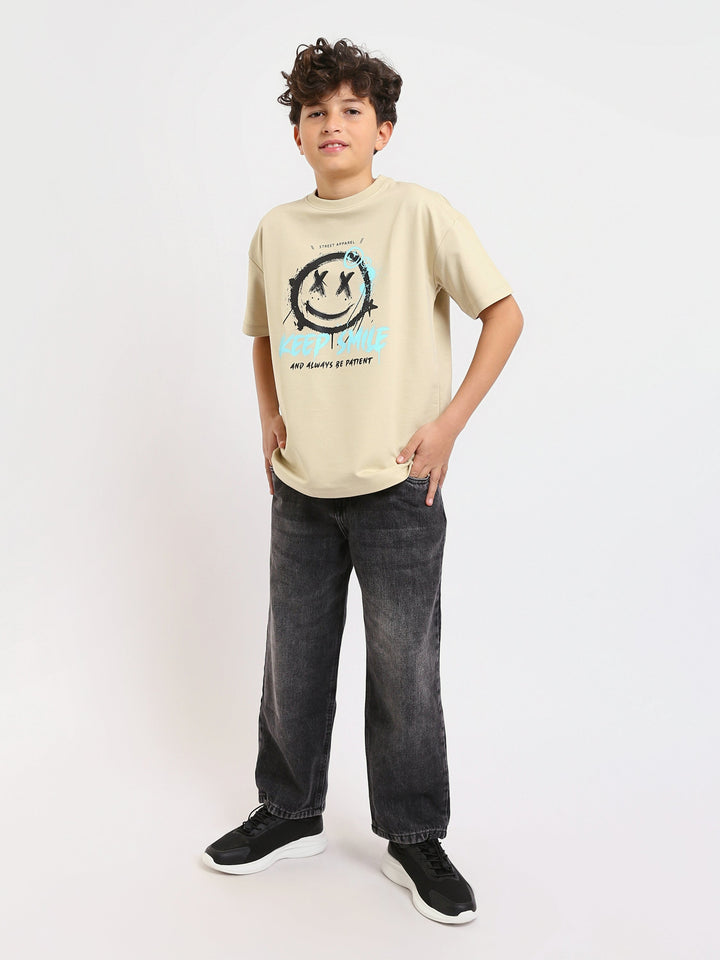 T-shirt Garçon Beige à Imprimé "Keep Smile" – Style Urbain et Décontracté - TSH25SPRO32719TB1