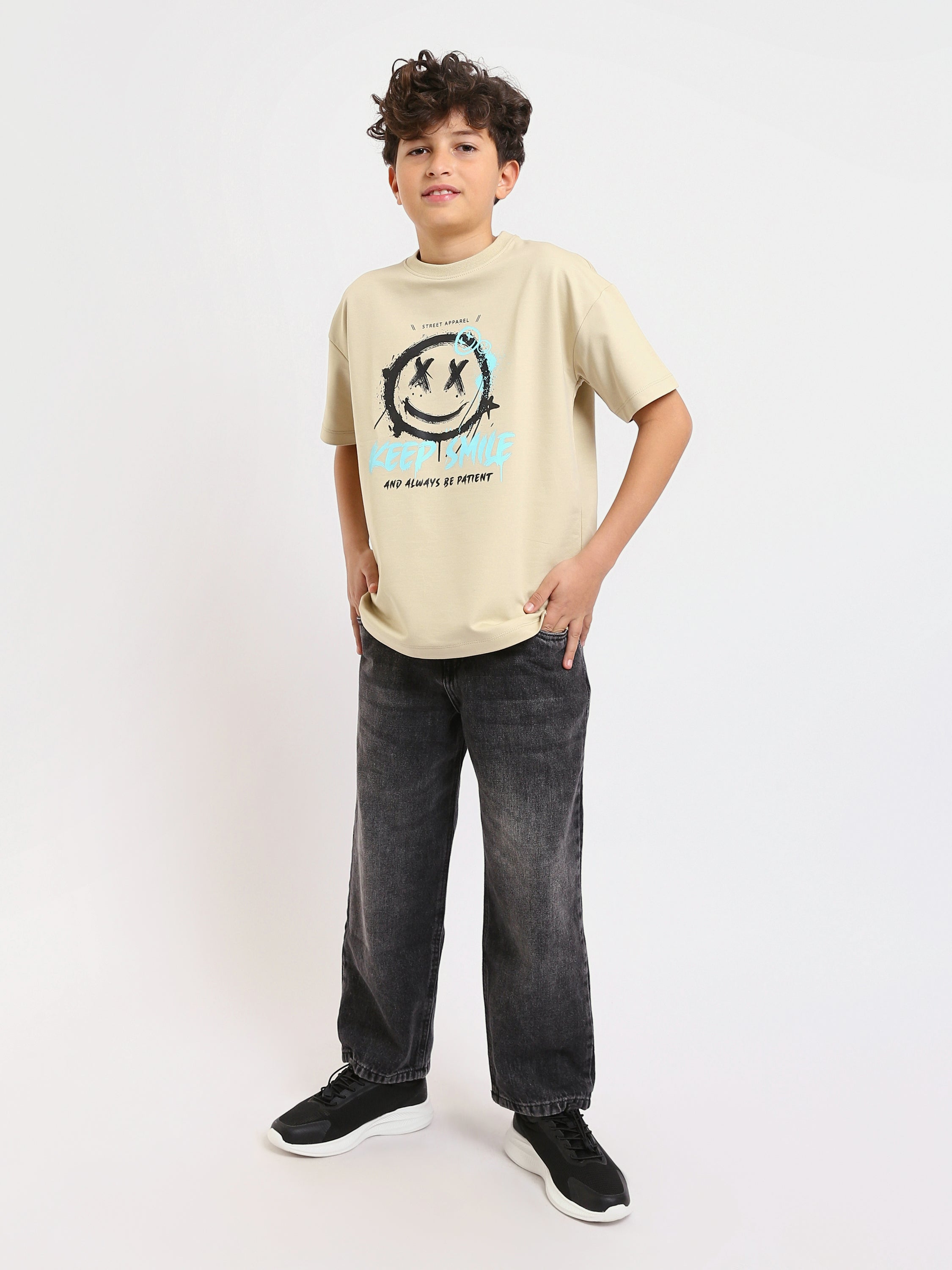 T-shirt Garçon Beige à Imprimé "Keep Smile" – Style Urbain et Décontracté - TSH25SPRO32719TB1