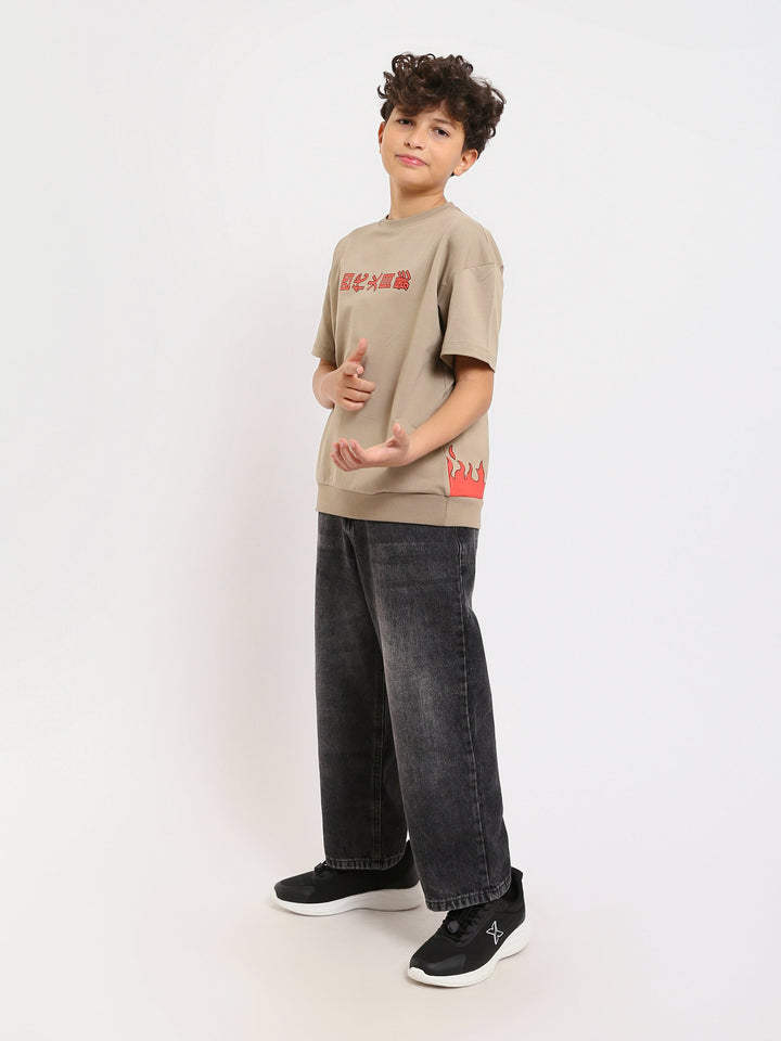 T-shirt Kaki enfant avec imprimé "Flames" et caractères chinois – Style moderne et audacieux - TSH25SPRO32729TB1