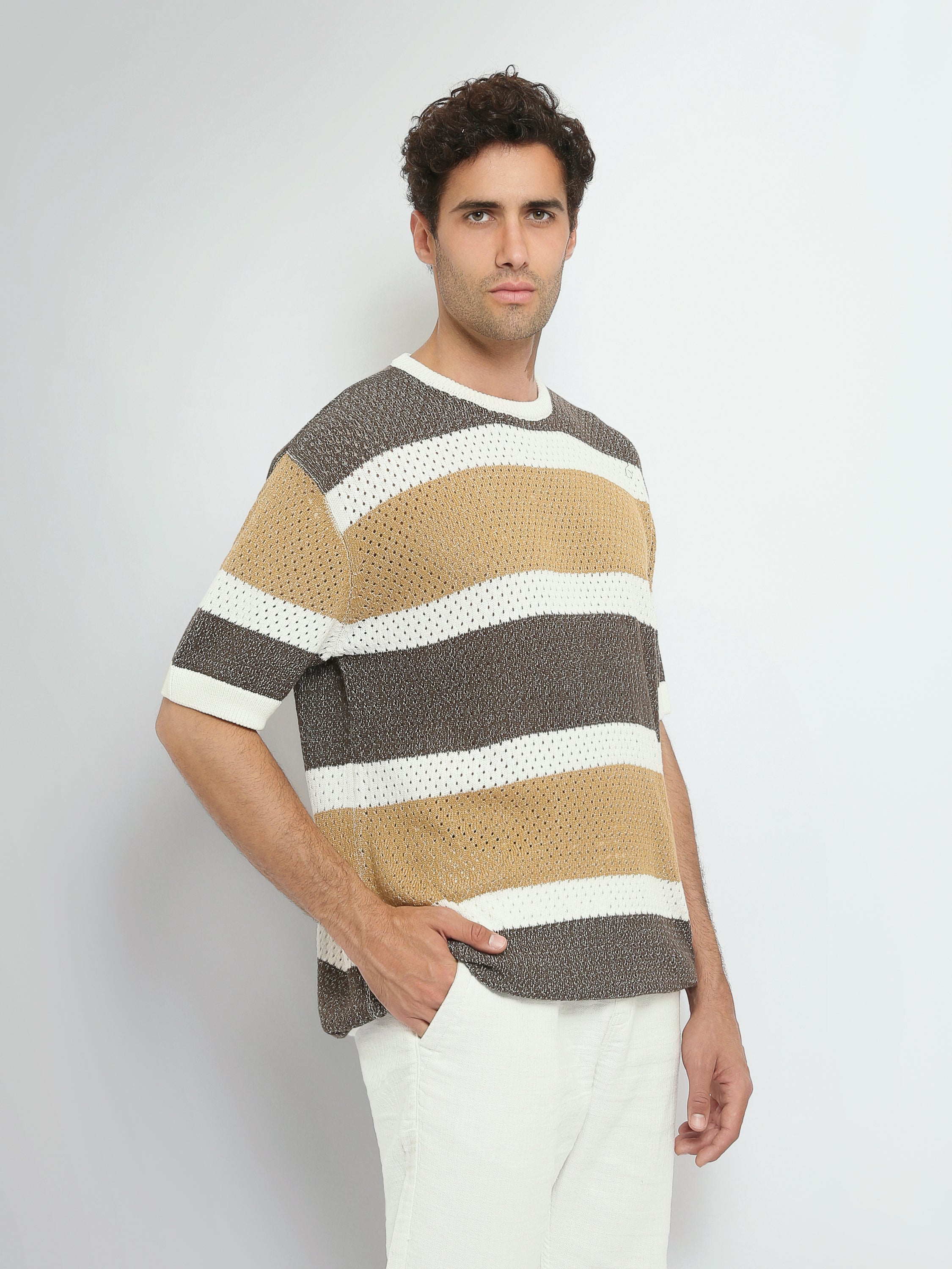 T-Shirt Homme en Maille Ajourée à Rayures Larges - TSH26S20000005TM1