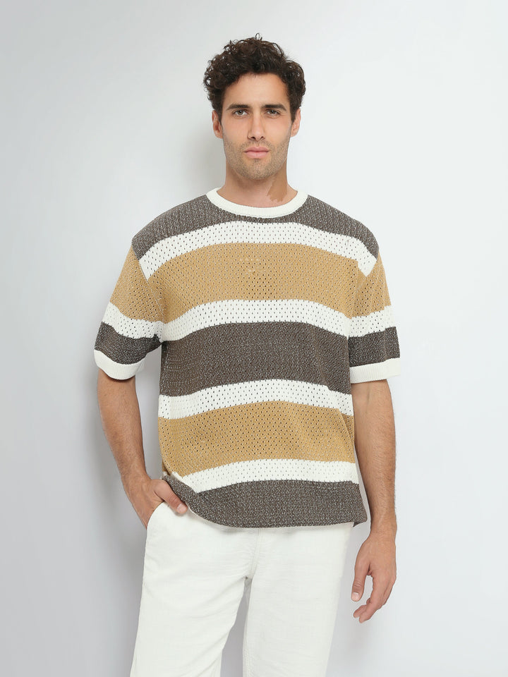 T-Shirt Homme en Maille Ajourée à Rayures Larges - TSH26S20000005TM1
