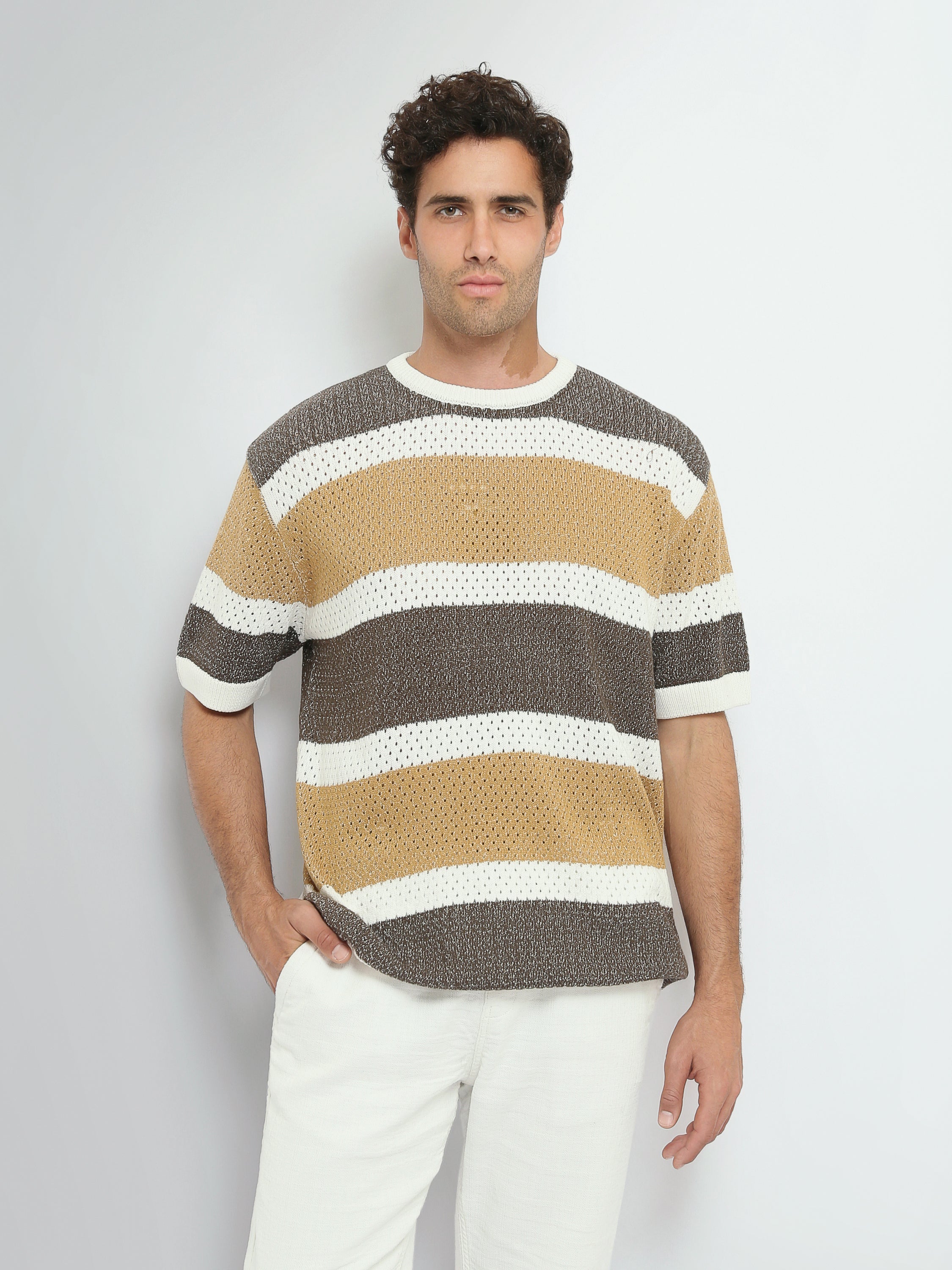 T-Shirt Homme en Maille Ajourée à Rayures Larges - TSH26S20000005TM1