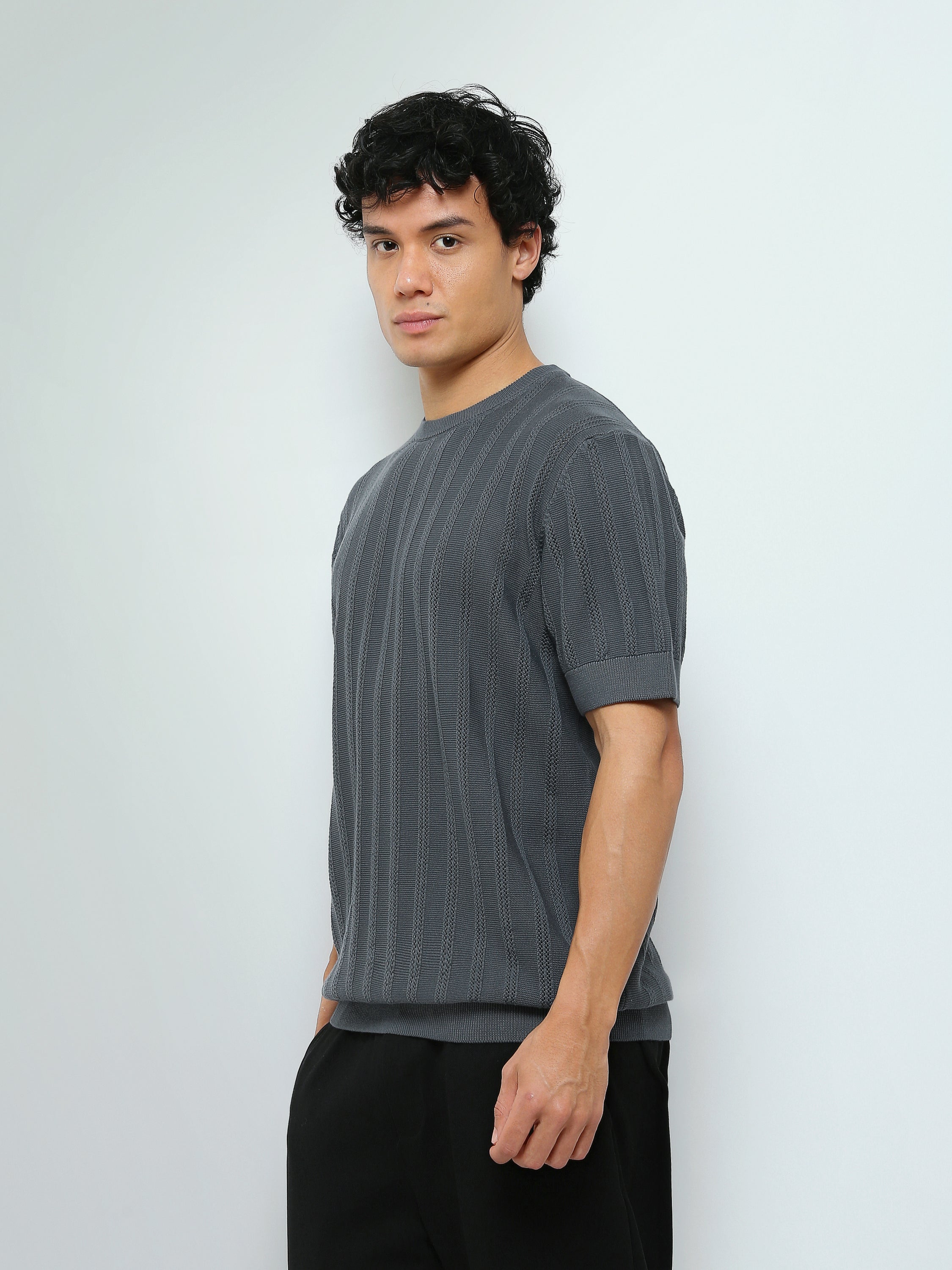 T-Shirt Homme en Maille Texturée à Rayures Verticales - TSH26S20000010TM1
