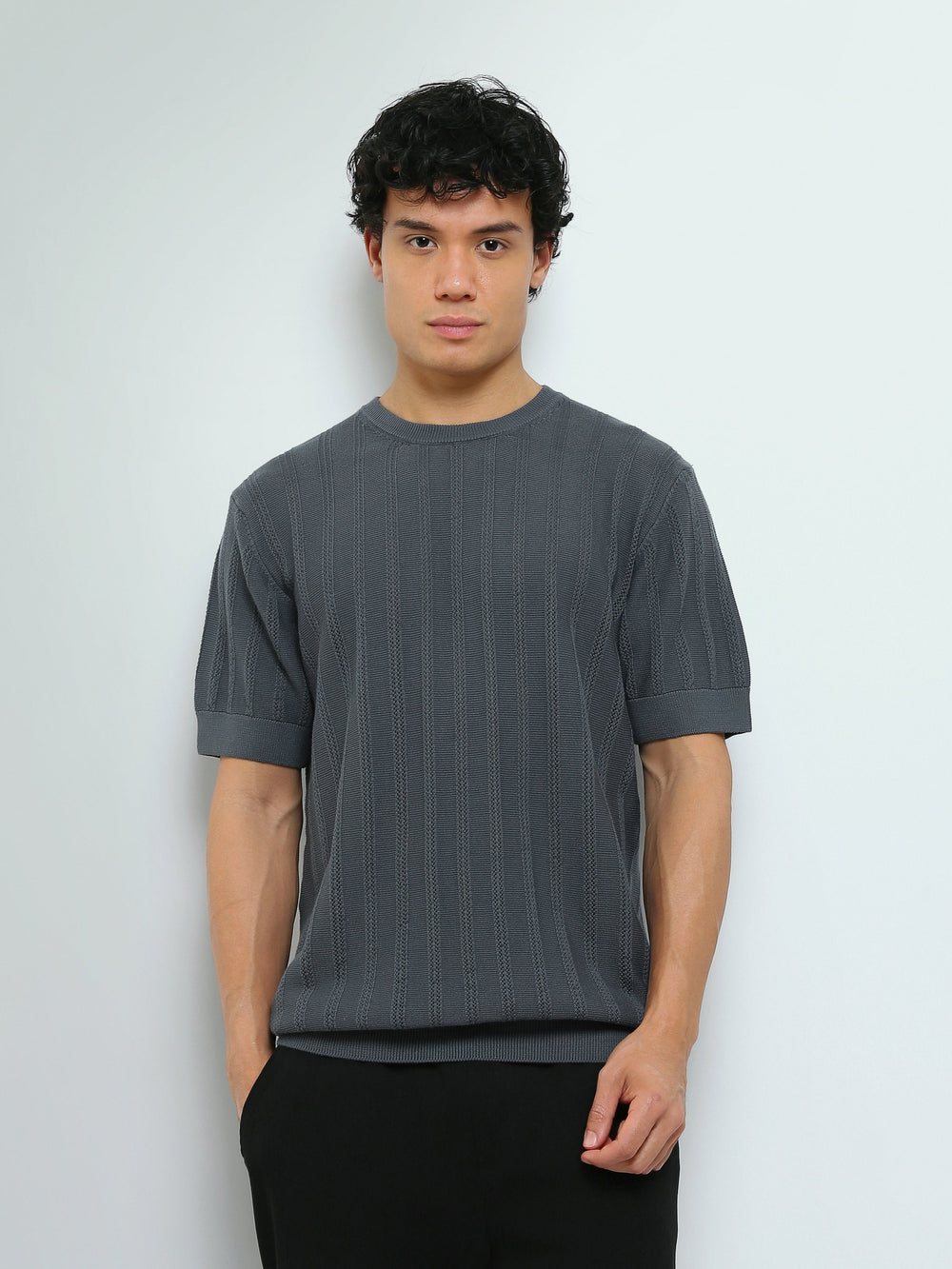 T-Shirt Homme en Maille Texturée à Rayures Verticales - TSH26S20000010TM1