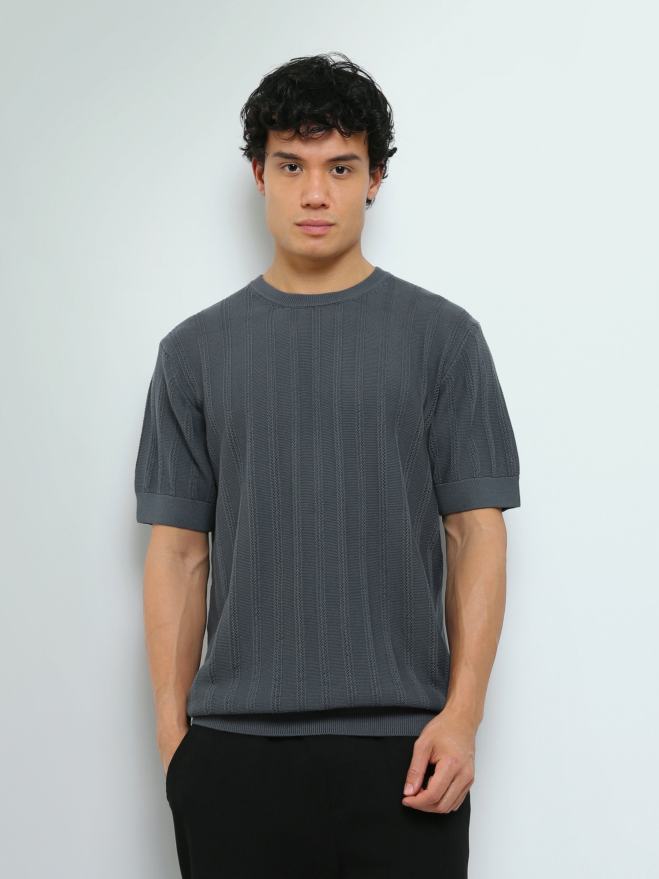 T-Shirt Homme en Maille Texturée à Rayures Verticales - TSH26S20000010TM1