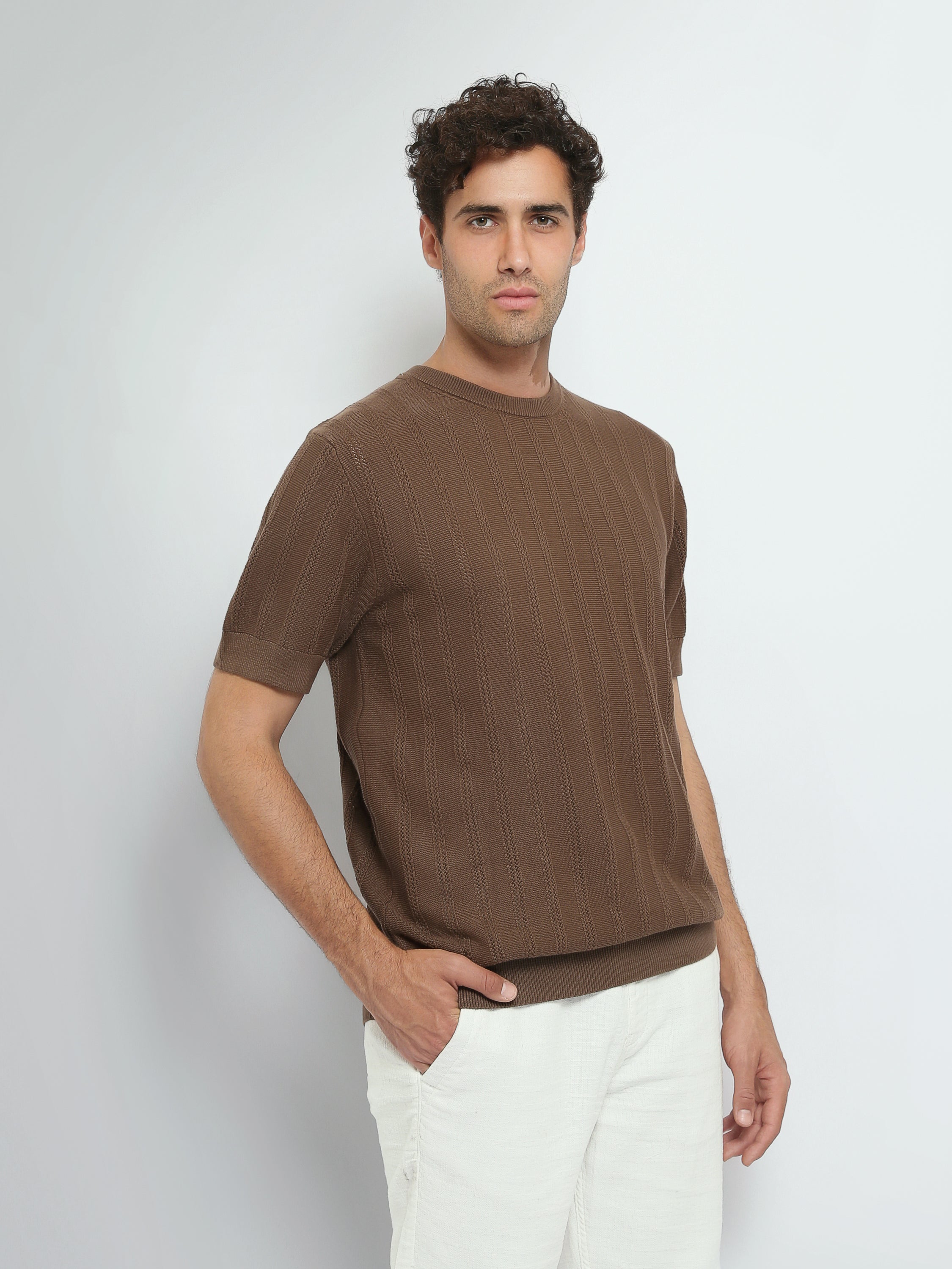 T-Shirt Homme en Maille Texturée à Rayures Verticales - TSH26S20000010TM1