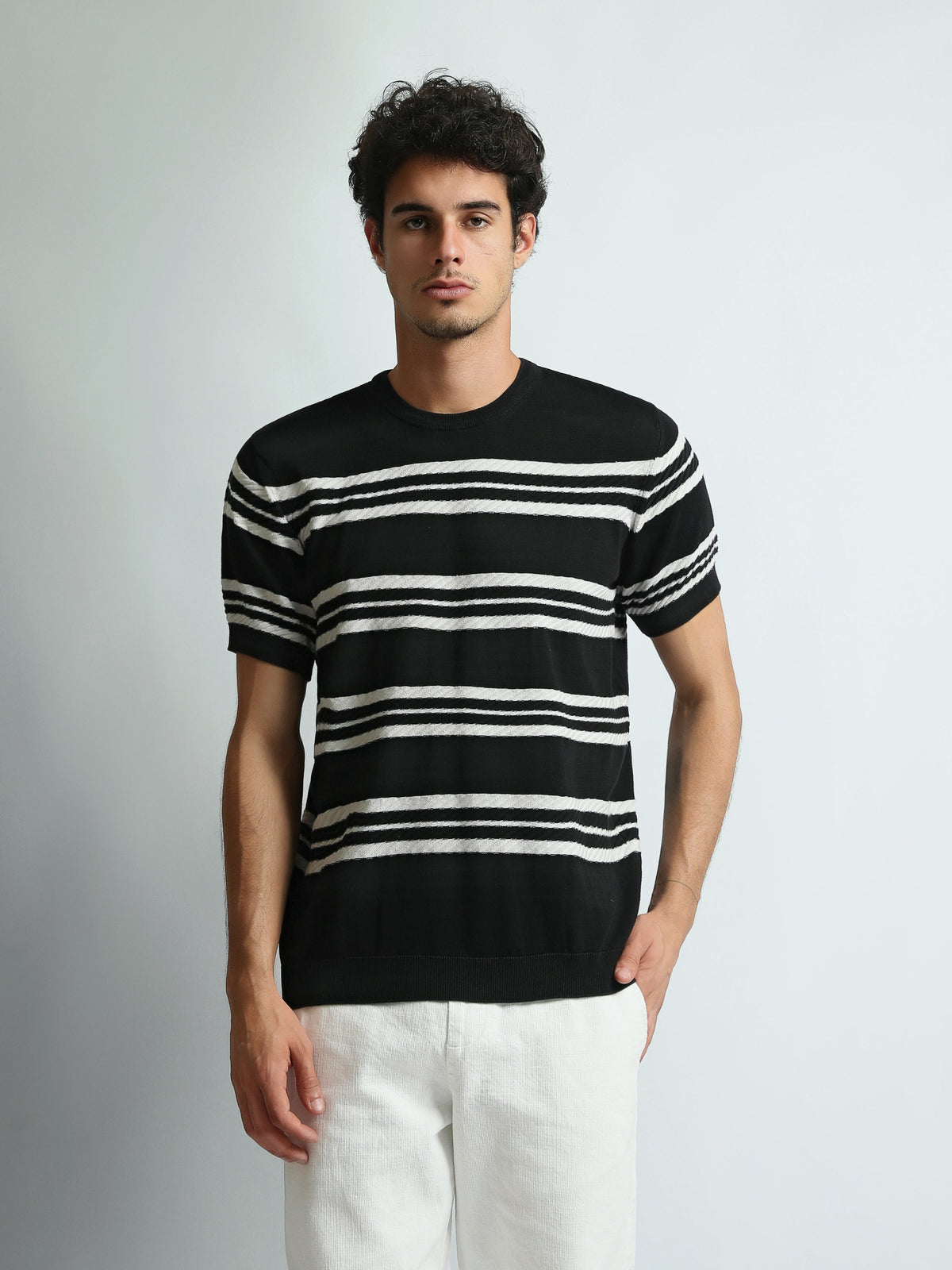 T-Shirt Homme Regular Fit en Maille à Rayures Texturées - TSH26SKRS20047TM1
