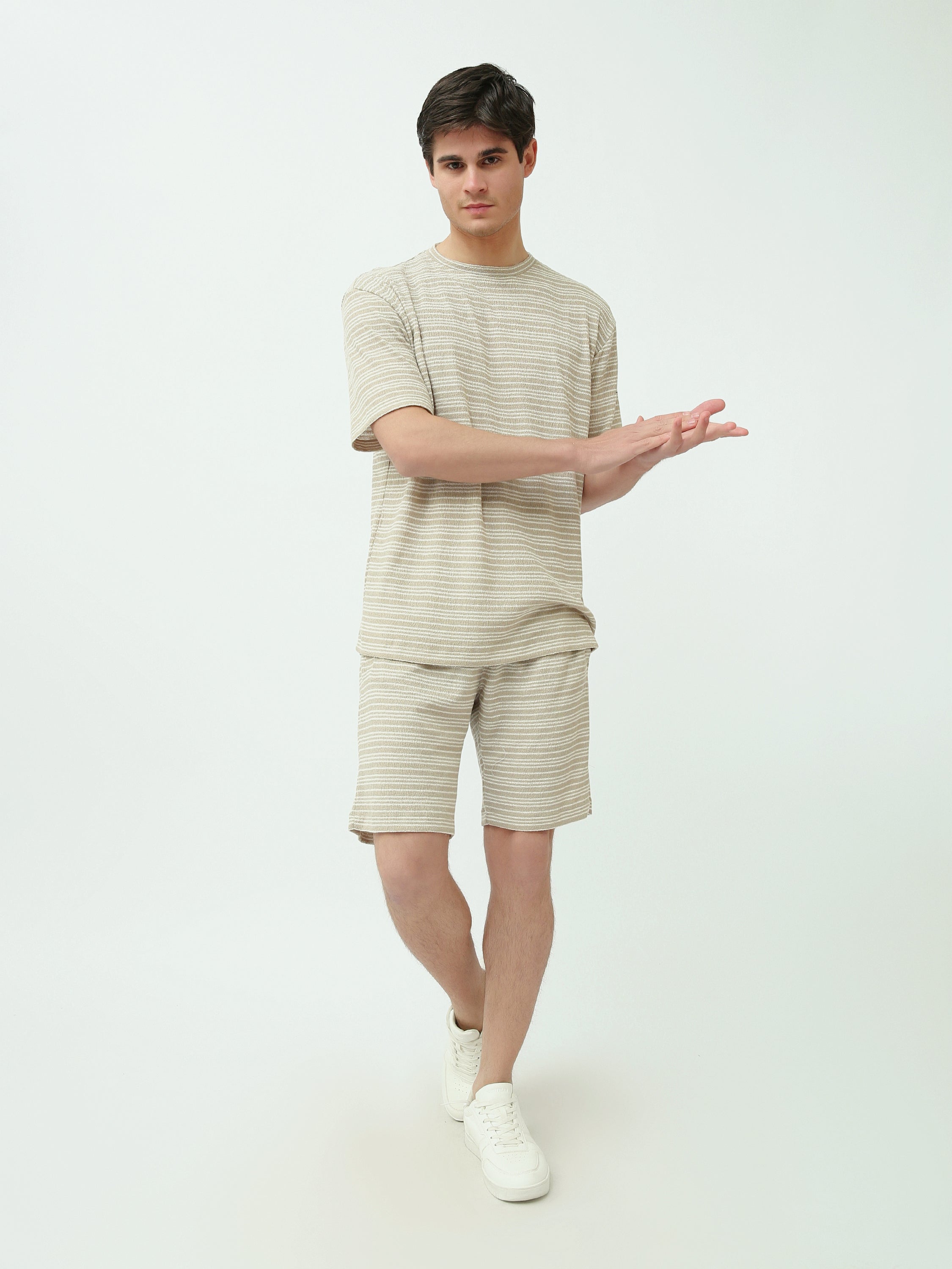 Ensemble T-shirt et Short pour homme – Rayures beige, confortable et décontracté - TST25SSSS15005TM1