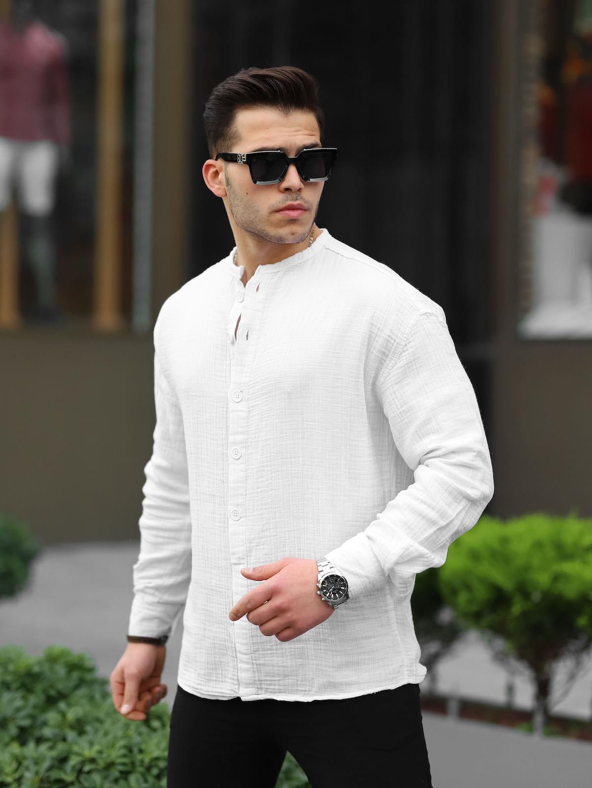 Chemise en muslin oversize à col mandarin à demi - boutonnage - Justyol