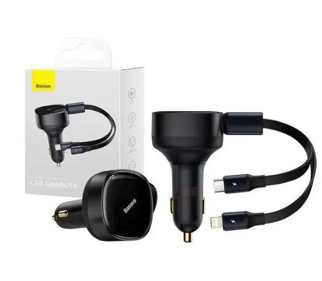 Baseus Chargeur Voiture Rapide 30W USB-C avec Câble Rétractable Type-C & Lightning