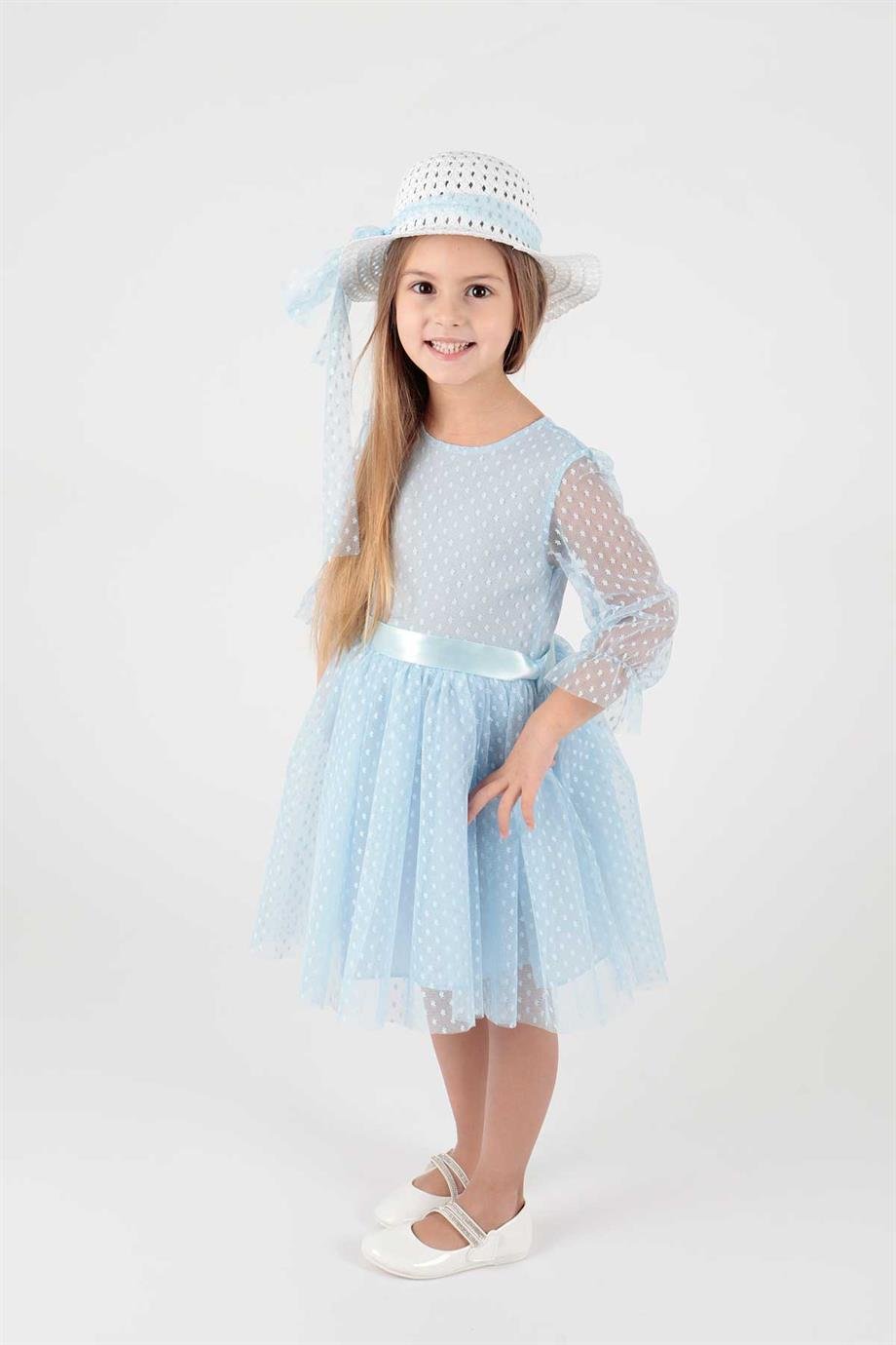 Classic Girls' Dress - Adorned with Tulle and Lace - 2 Pieces (Dress + Hat)