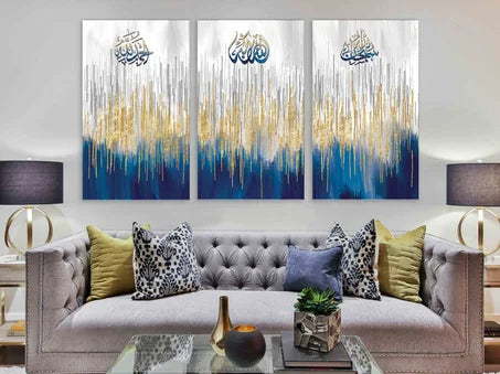 tableau decoratif en toile bleu doré   cadre bois massif   130/70 cm