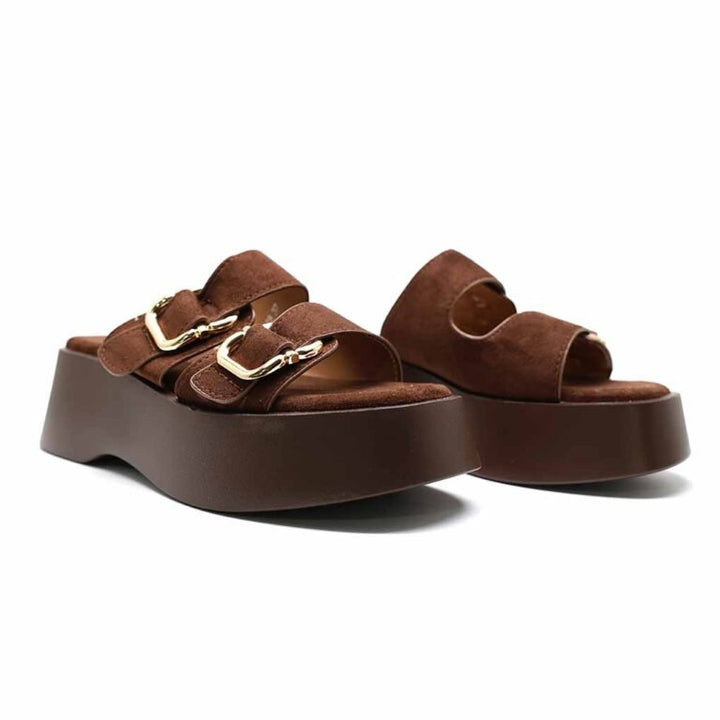Mules Compensées Femme à Double Bride et Boucles Dorées