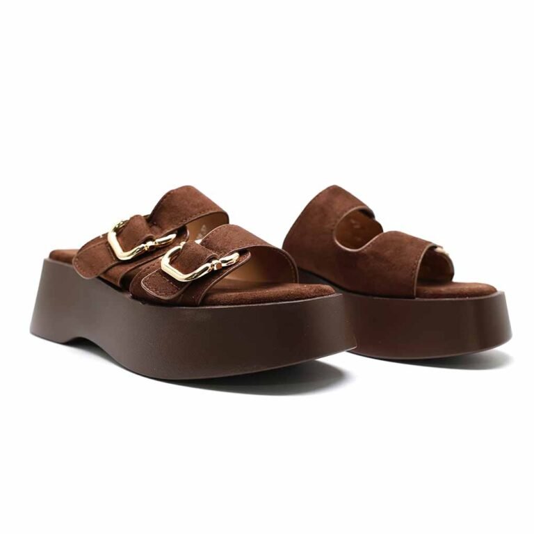 Mules Compensées Femme à Double Bride et Boucles Dorées