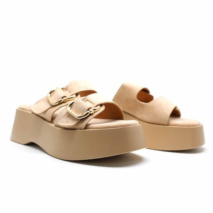 Mules Compensées Femme à Double Bride et Boucles Dorées