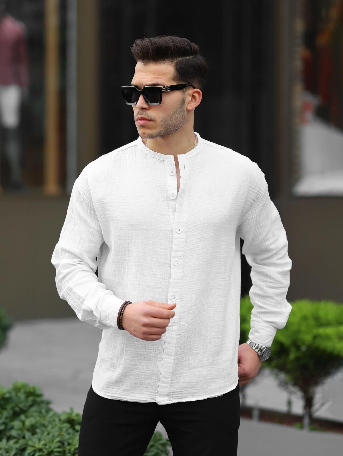 Chemise en muslin oversize à col mandarin à demi - boutonnage - Justyol