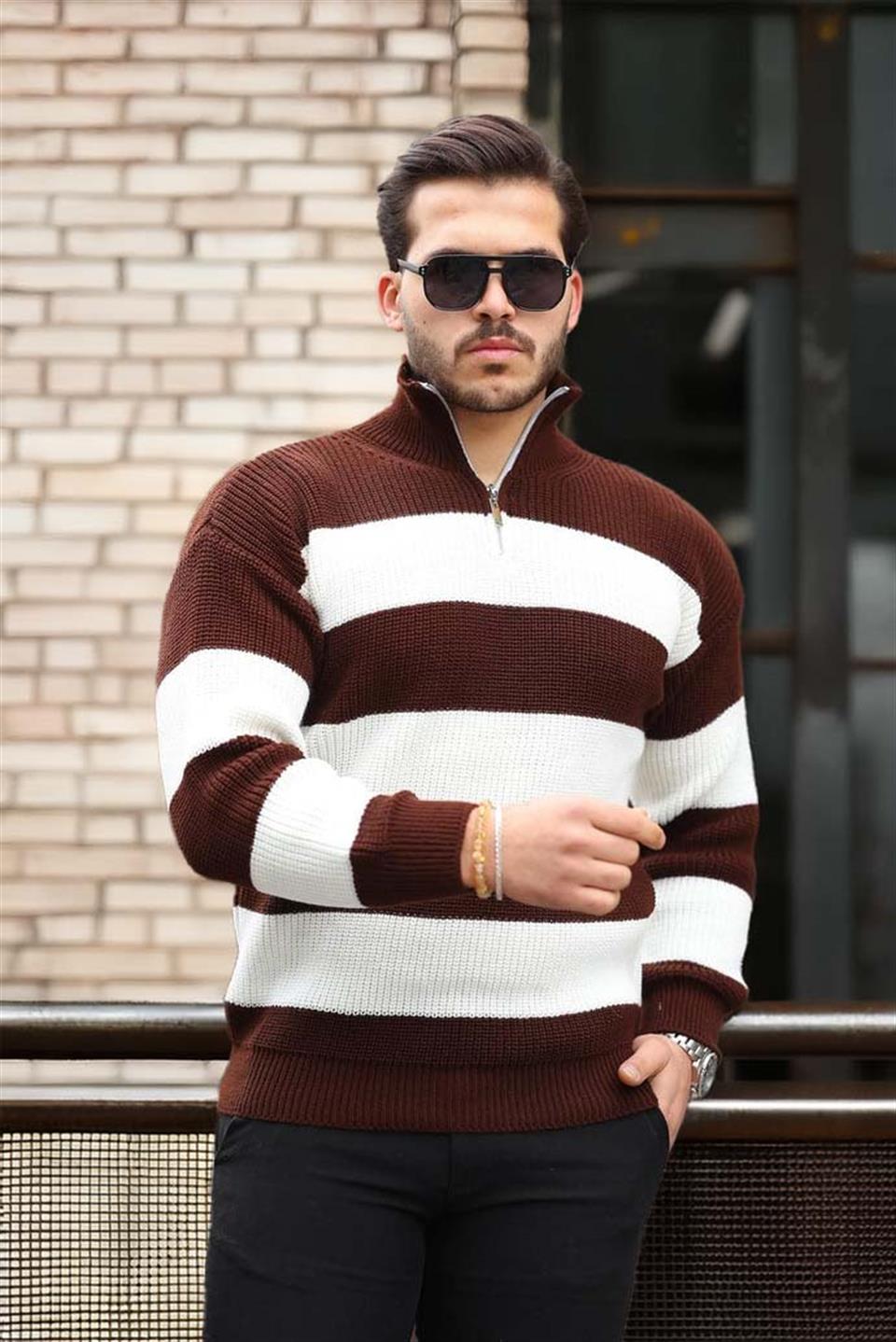 Pull Homme Pedro Rayé Demi-Zip en Maille Selanik