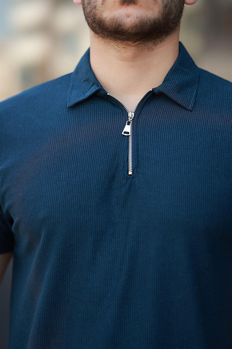 likrali örme yarim fermuar polo yaka erkek tişört - Justyol