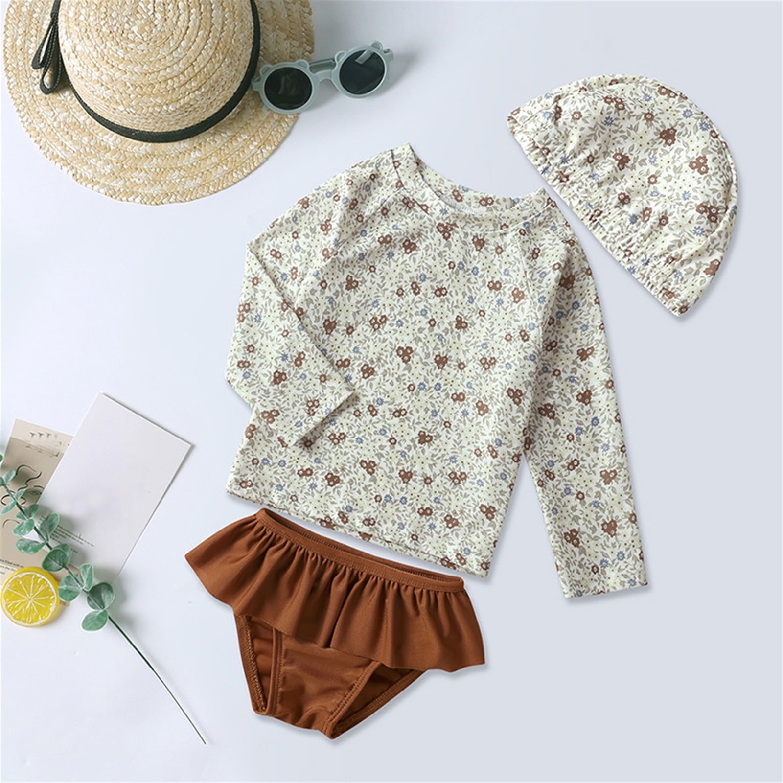 Maillot de Bain Fille 2 Pièces Floral – Haut Manches Longues & Culotte