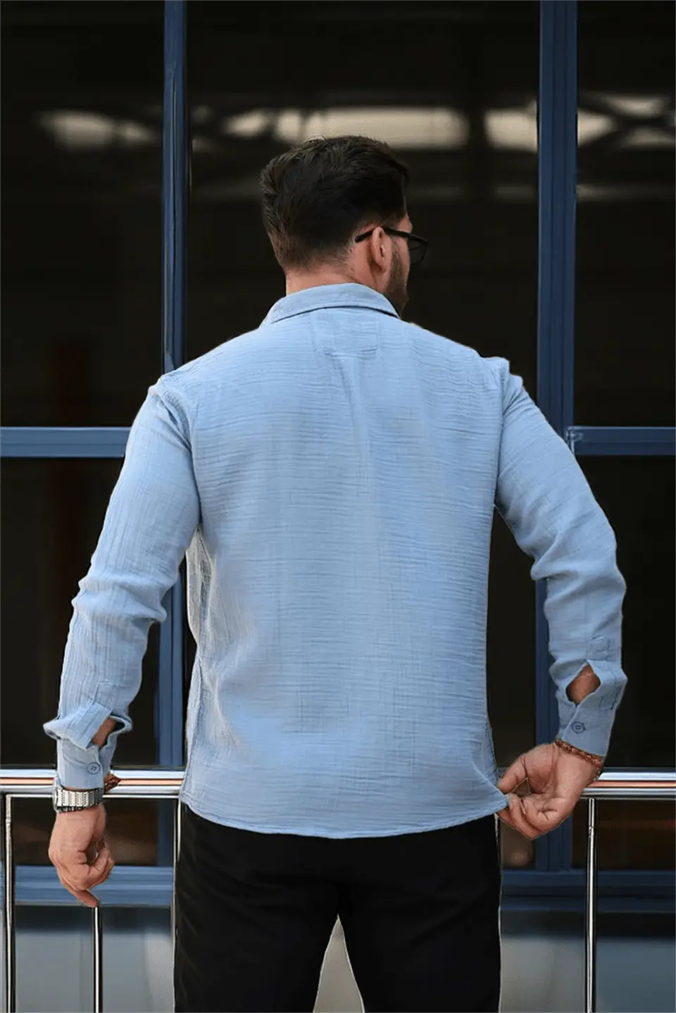 nefes alabilir yarim oversize müslin kumaş uzun kol yakali erkek gömlek - Justyol