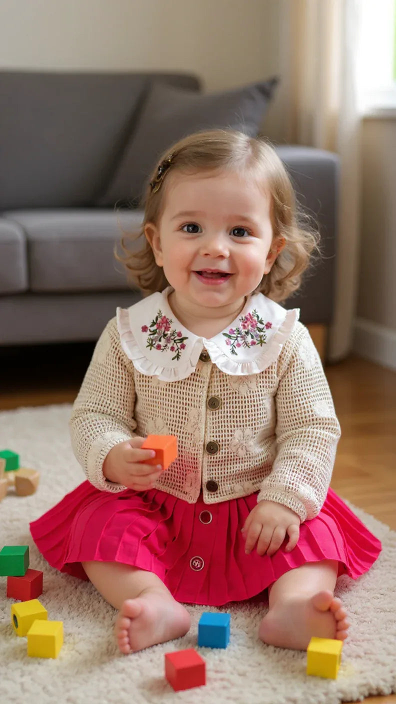 Tenue Élégante 3 Pièces pour Fille - Jupe Chic, Blouse Blanche et Veste Tricotée