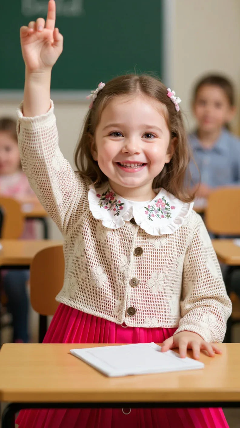 Tenue Élégante 3 Pièces pour Fille - Jupe Chic, Blouse Blanche et Veste Tricotée