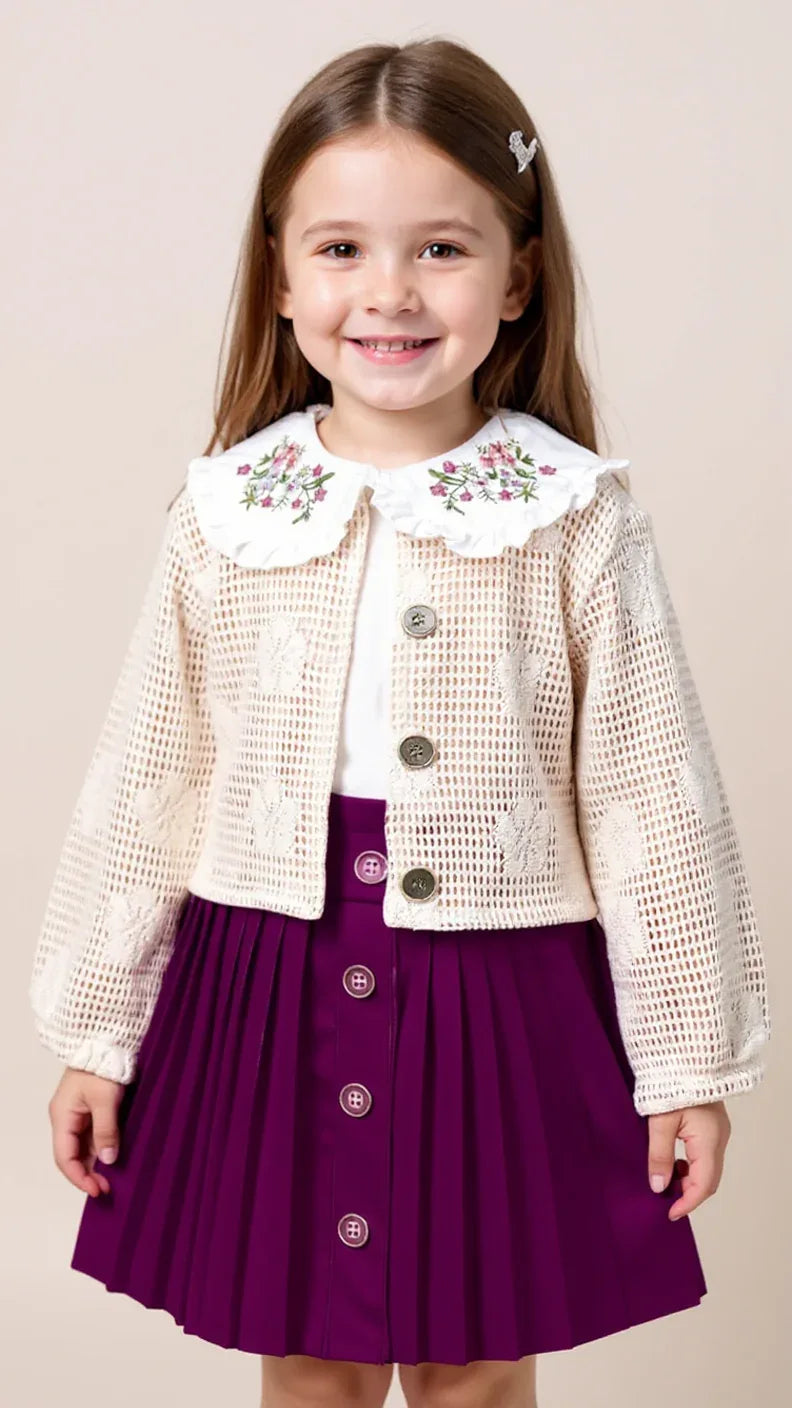 Tenue Élégante 3 Pièces pour Fille - Jupe Chic, Blouse Blanche et Veste Tricotée