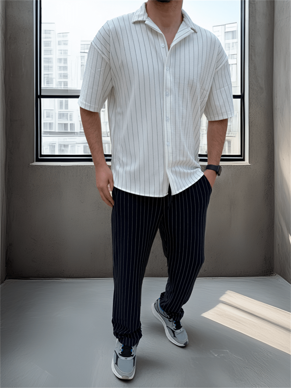 apaş yaka krep kumaş çizgili yarim oversize erkek gömlek - Justyol