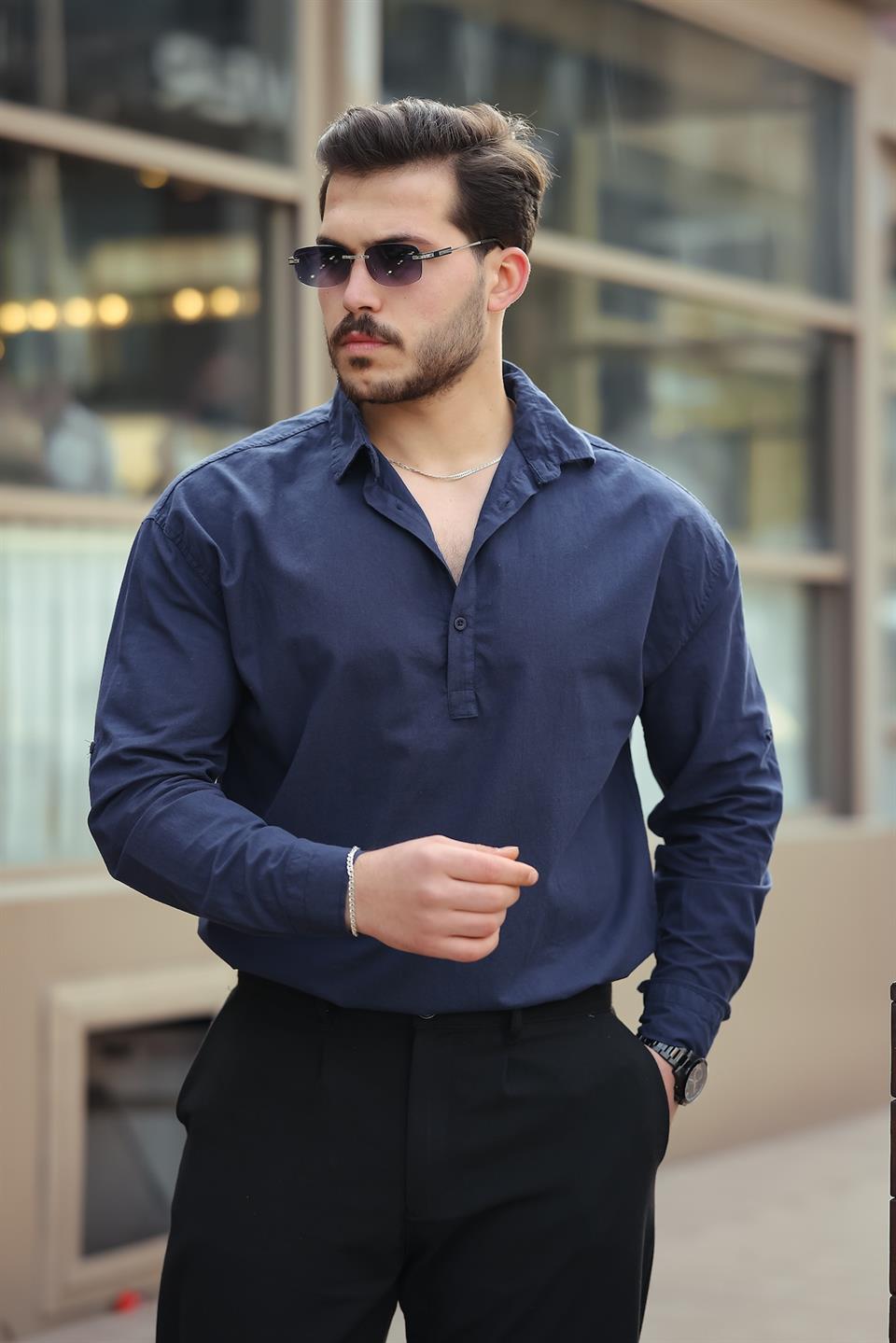 yarim pat yakali york pamuk kumaşli uzun kollu erkek gömlek - Justyol