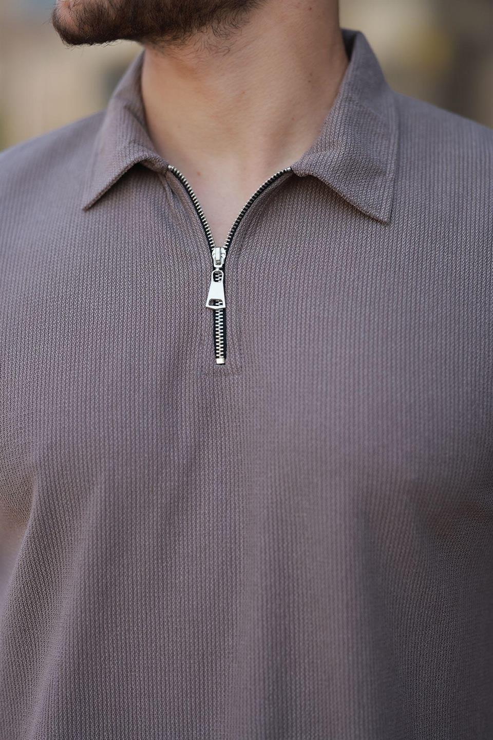 likrali örme yarim fermuar polo yaka erkek tişört - Justyol