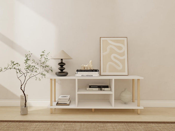 MEUBLE TV BLANC - PIEDS EN BOIS DE HÊTRE