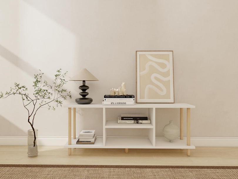 MEUBLE TV BLANC - PIEDS EN BOIS DE HÊTRE