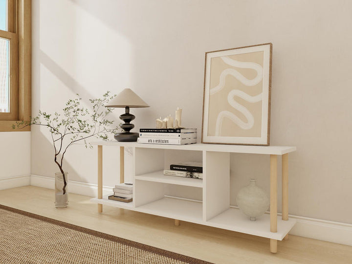 MEUBLE TV BLANC - PIEDS EN BOIS DE HÊTRE