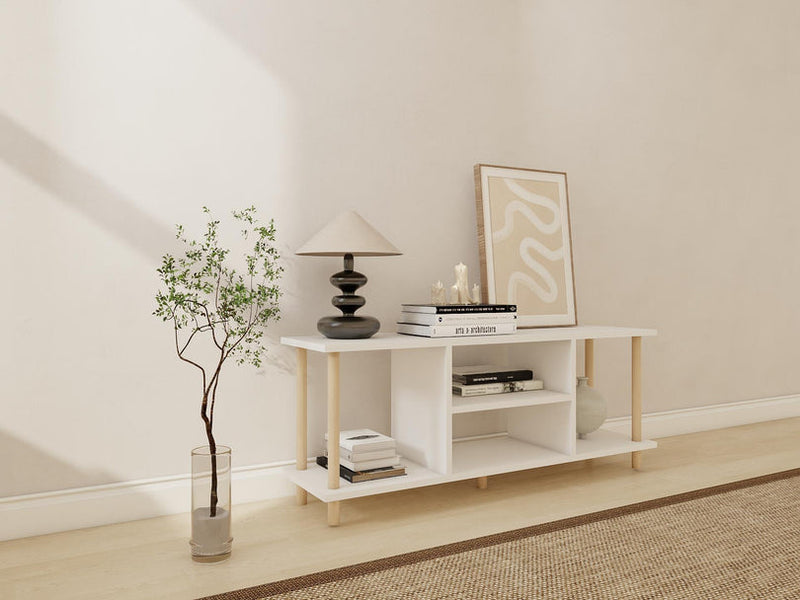MEUBLE TV BLANC - PIEDS EN BOIS DE HÊTRE