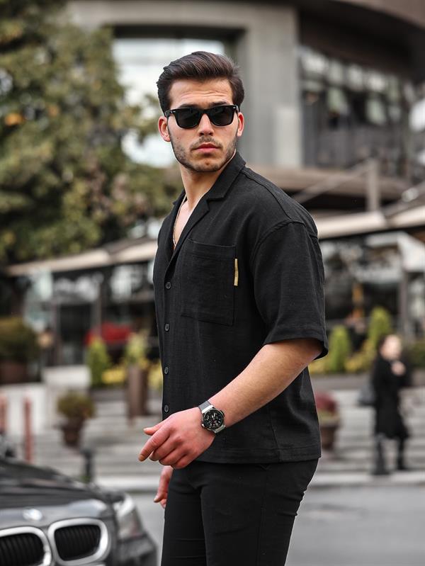 apaş yaka premium kisa kollu keten gömlek - Justyol