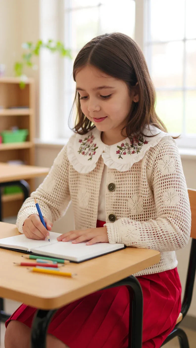 Tenue Élégante 3 Pièces pour Fille - Jupe Chic, Blouse Blanche et Veste Tricotée