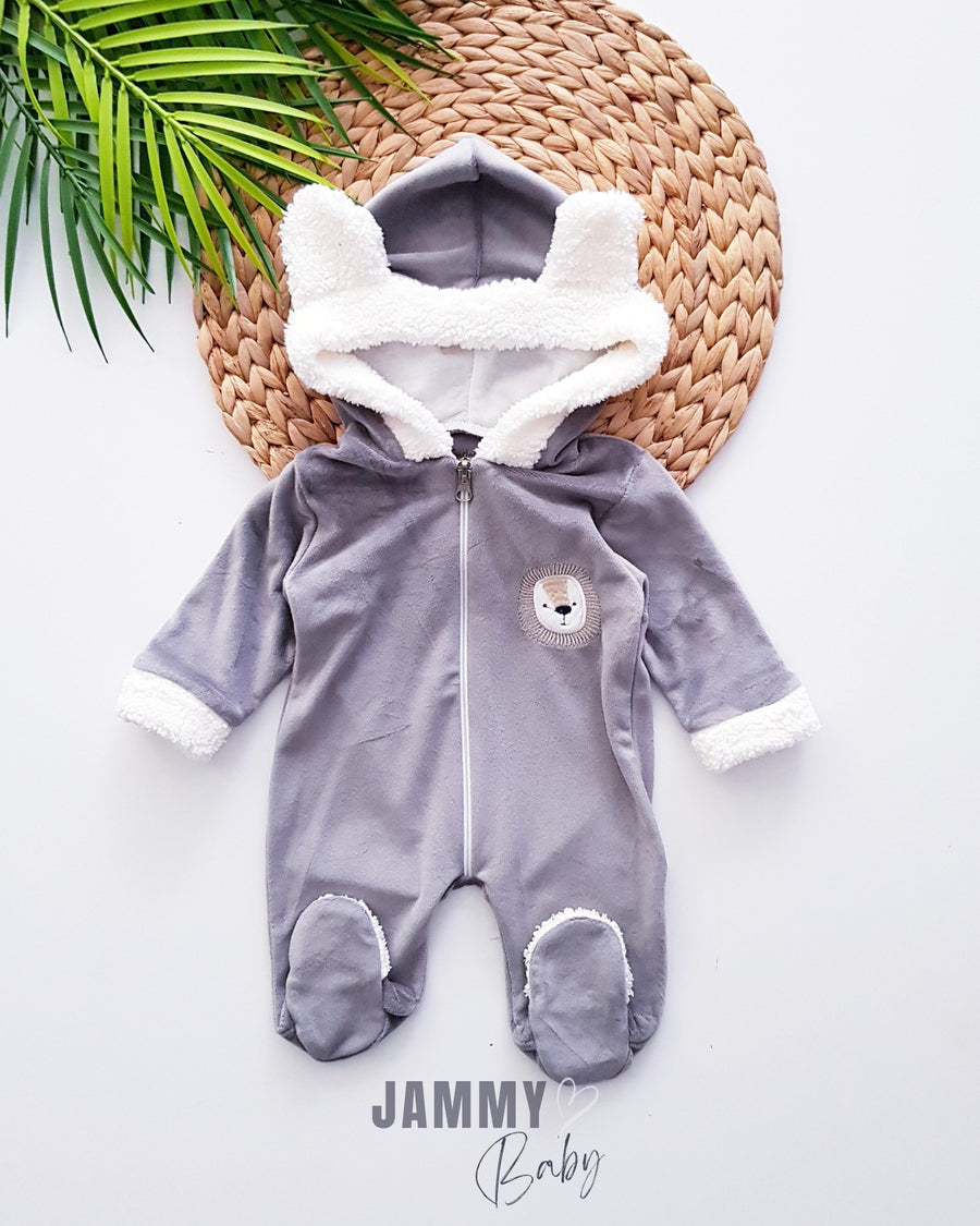 Lion Embroidered Velvet Hooded Jumpsuit-GRAY