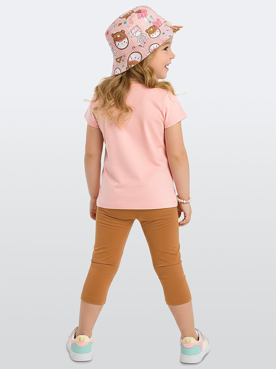 Ensemble Fille T-Shirt et Legging Imprimé Ourson Fleuri – Rose et Camel