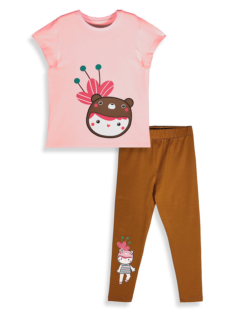 Ensemble Fille T-Shirt et Legging Imprimé Ourson Fleuri – Rose et Camel