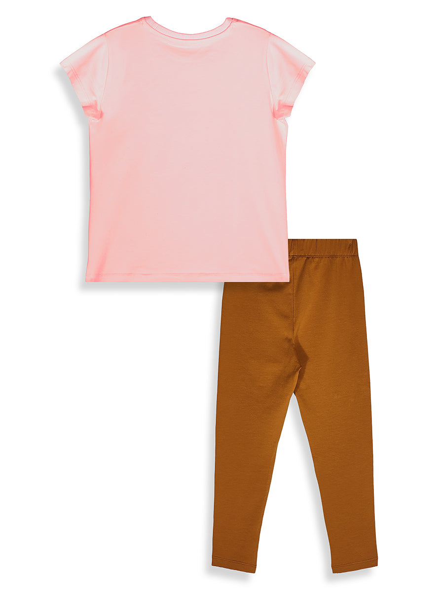 Ensemble Fille T-Shirt et Legging Imprimé Ourson Fleuri – Rose et Camel