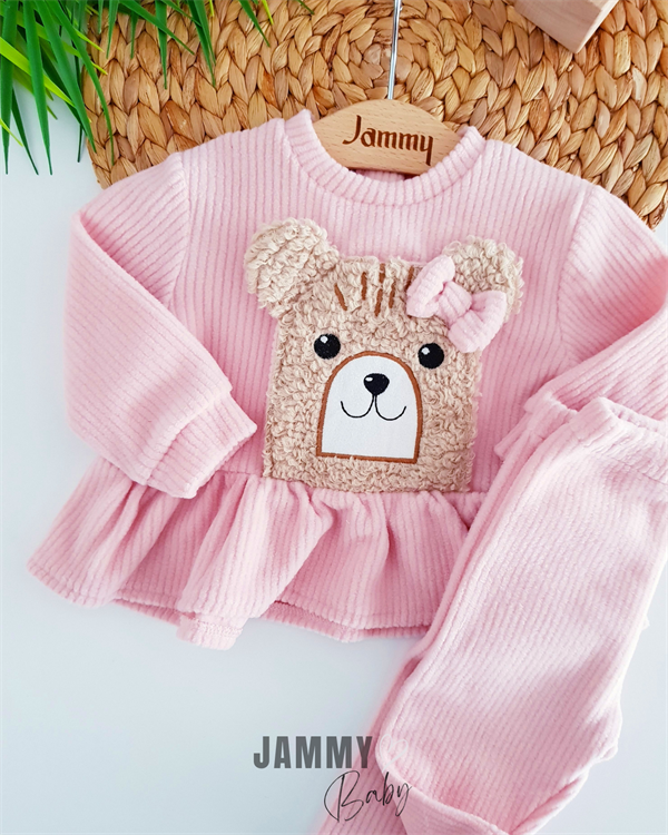 teddy bear appliqued fleece set-brown