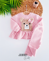 teddy bear appliqued fleece set-brown