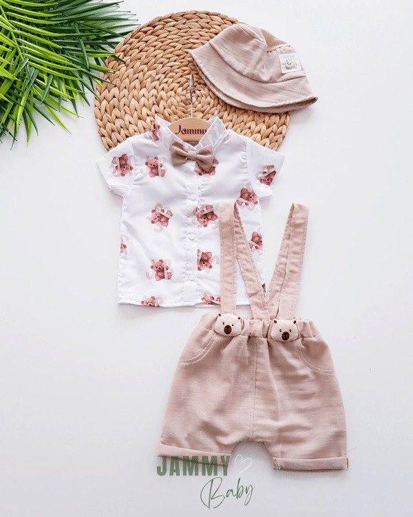 Ayıcık Desen Gömlek&Salopet Şapkalı Set - Justyol